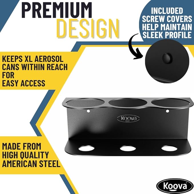 Koova X-Large Spray Can Rack - Fits 3 XL Aerosol Spray Cans, Heavy Duty Steel Wall Mount Organizer, Metal Utility Shelf for Home or Garage, Universal Fit, Paint Storage, Hardware Included, Made in USA