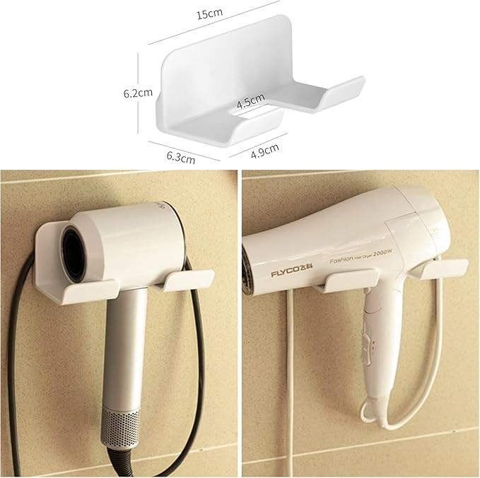 2 Pack Universal Hair Dryer Holder, Self Adhesive Wall Mount Stand for Most Brand/Size Hair Blow Dryer Hair Dryer Organizer Rack with Plug&Wire Hook for Bathroom