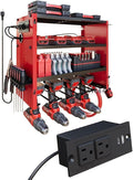 4 Layers Power Tool Organizer Wall Mount with Power Strip, Heavy Duty Metal Tool Shelf, 400lbs Capacity for Cordless Drills, Batteries & Garage Storage (4 Slots with 2 Outlets Power Strip)