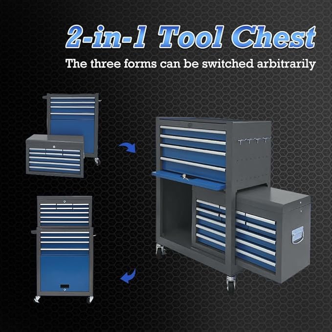 13-Drawer Rolling Tool Chest,Toolbox with Wheels,Tool Cabinets with Drawers, Top Detachable Tool Box with Hooks Handles for Workshop Mechanical Garage (blue＆grey)