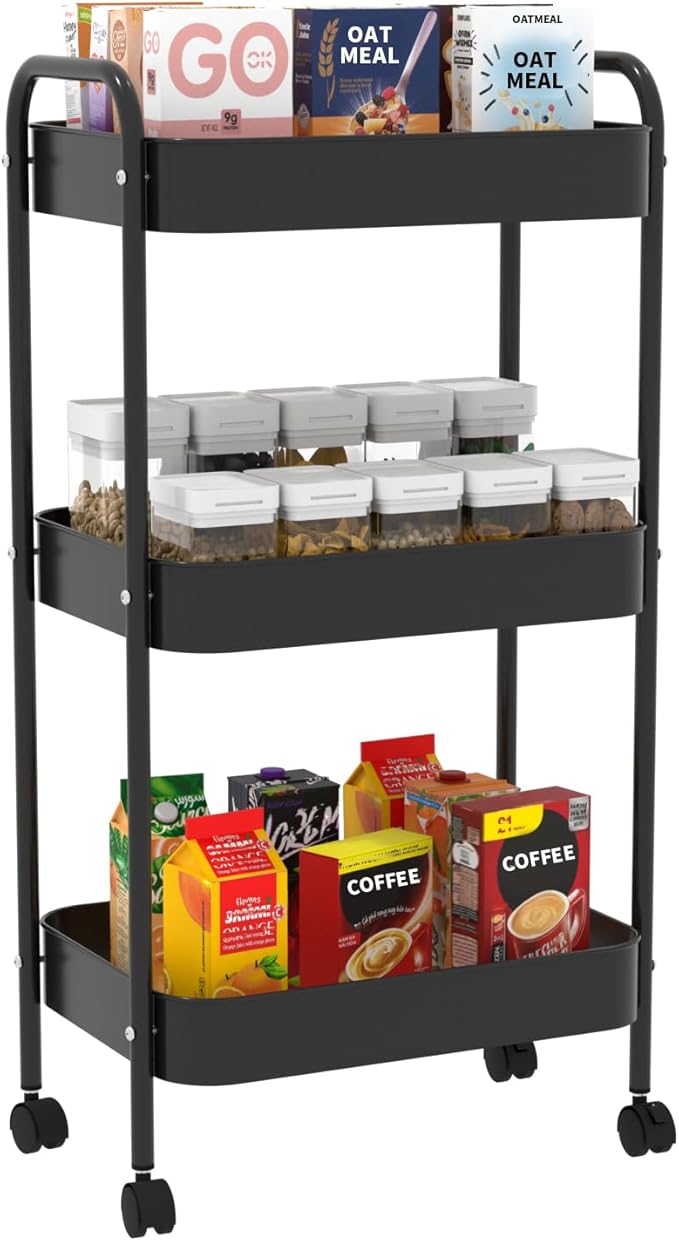 3-Tier Metal Utility Rolling Cart, Multi-Functional Storage Trolley for Office, Living Room, Kitchen, Movable Storage Organizer with Wheels, Black