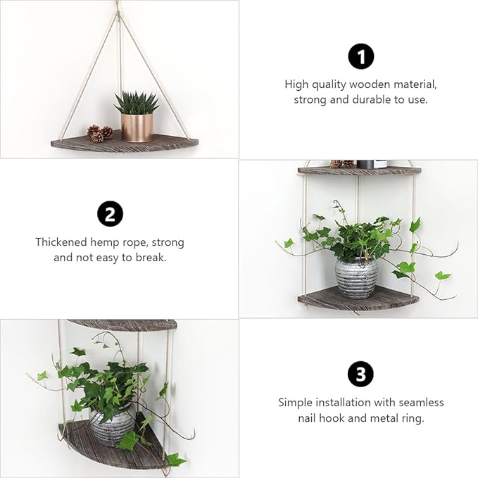 Vintage Fan-Shaped Wooden Wall Corner Shelf Rustic Brown Hanging Rack for Plants Crafts Photos Display and Home Storage Organizer