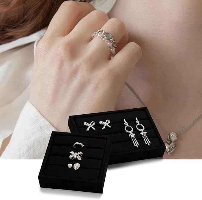 Black Velvet 3-Slots Jewelry Ring Display Tray Showcase Small Jewelry Display Organizer Tray for Rings(M)