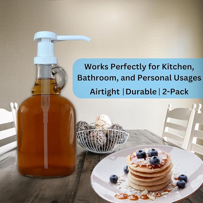 Heavy Duty Pump Dispenser for Gallon Jugs (1oz/2-Pack) Leak Proof Pump Dispenser for Shampoo, Laundry Detergent, Liquid, Water, Popcorn Butter, Snow Cone Syrup, Oils, 1 Gallon BPA-Free Dispenser