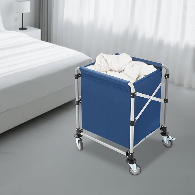 Commercial Laundry Cart with Wheels,Folding Laundry Hamper Cart,Heavy Duty Rolling Laundry Basket with Large Capacity,Laundry Sorter Trolley for Home Hotel Apartment (Blue, 23.62 * 19.69 * 23.62in)