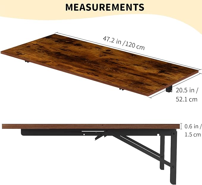 GOYLSER Wall Mounted Folding Table for Office, Rustic Brown Fold Down Desk Laundry Folding Table Wall Mounted for Laundry Room/Home Kitchen, Length 47" Width 20.5"