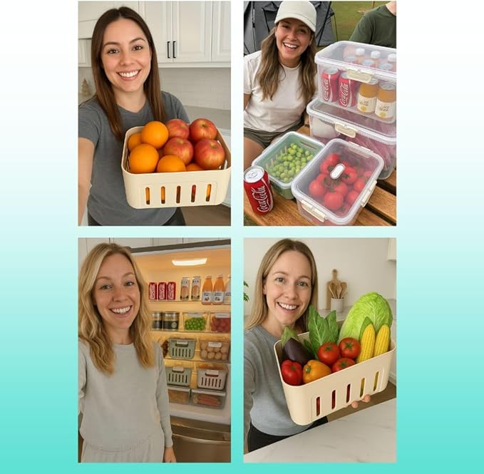 5-Pack Fruit Containers for Fridge Keep Fresh – Airtight Food Containers with Lids, Produce Saver with Removable Colander, Fridge Organizers, Microwave & Dishwasher Safe (Cream)
