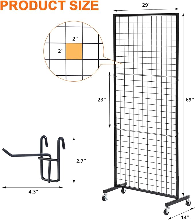 Eastern Tree Grid Wall Panels, Gridwall Panels Stand with T-Base, Black Wire Grid Wall Panel Display with Wheels, Craft Fair Display Rack, Retail Display, 2 Packs 2.5'x 6', Extra More 20 Pieces Hooks