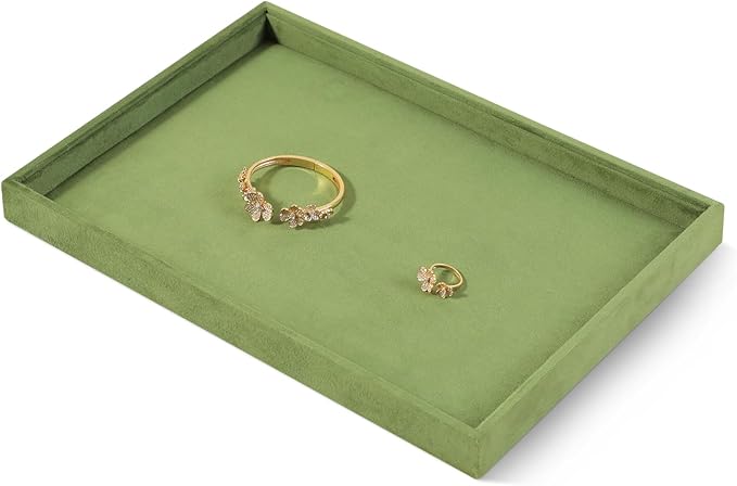 Velvet Stackable Jewelry Display Flat Tray For Ring Earring Necklace Bracelet, Bangle Pendant Storage Blank Plate, Shop Countertop Jewelry Dish Organizer (Olive Green)