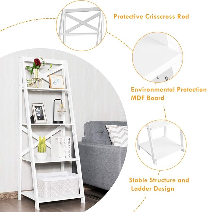 Tangkula 4-Tier Ladder Shelf Bookcase Leaning Free Standing Wooden Frame Decor Bookshelf Storage Flower Shelf Plant Display Shelf for Home Office (White, 1)