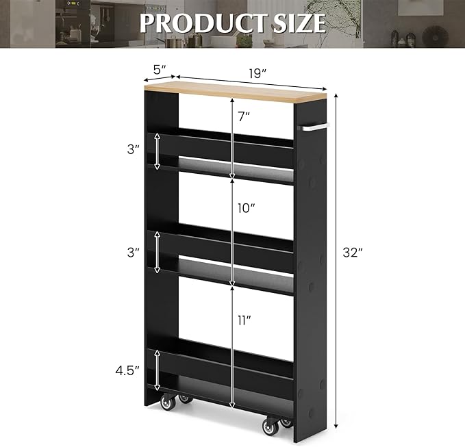 LOKO Slim Storage Cart, 4-Tier Rolling Cart with Handle & Wooden Top for Kitchen Bathroom Laundry Living Room Narrow Small Spaces, 5 Inches Width (Black & Natural)