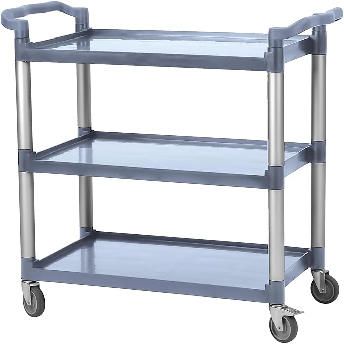 3-Tier Plastic Service Utility Cart with Wheels, Heavy Duty 3-Shelf Rolling Utility/Push Cart for Foodservice/Commercial/Restaurant/Office/Kitchen/Hotel, Grey