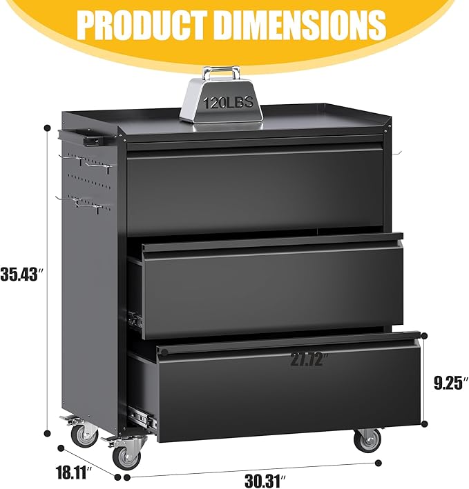 Aobabo Metal Storage Cabinet on Wheels, Black Tool Garage Cabinet with 3 Drawer, for Home Office, Assembly Required