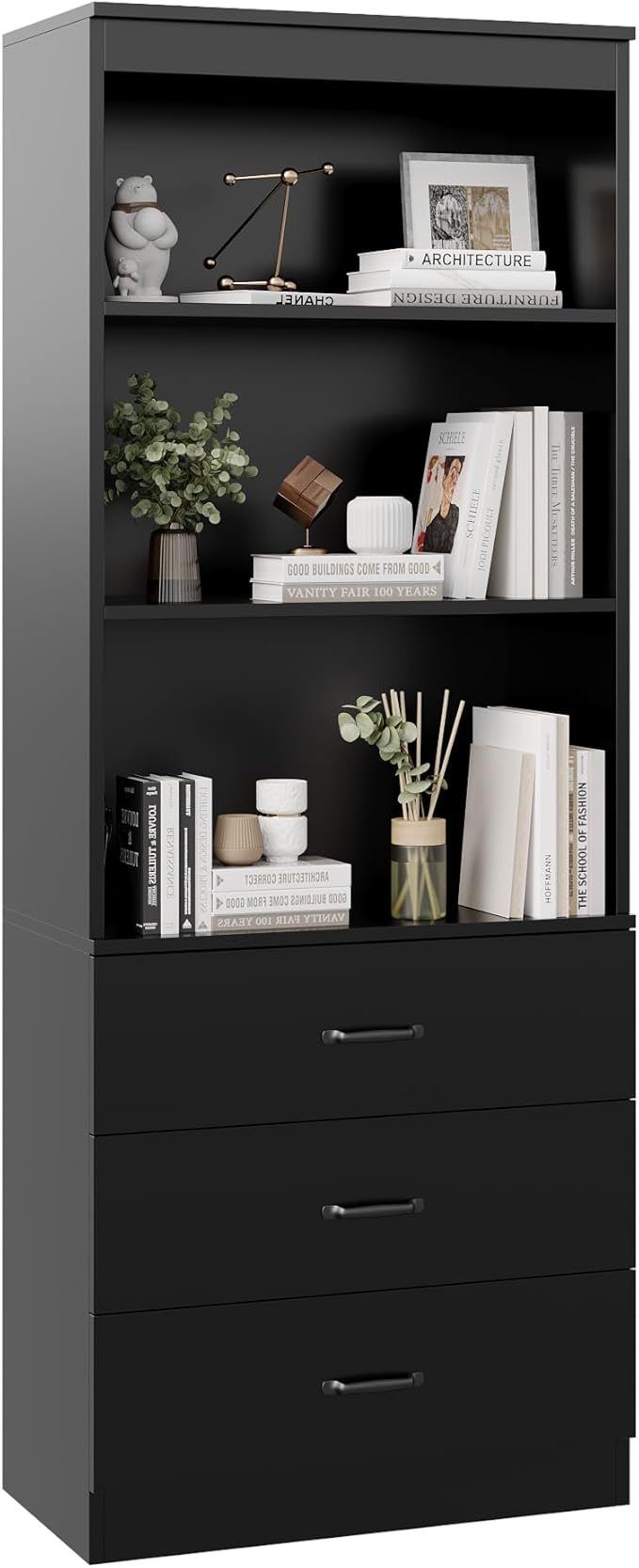 oneinmil 70" H 6-Tier Bookshelf with 3 Drawers, White Bookcase with 3-Tier Open Shelves, Tall Book Shelf with Storage Space, Wooden Storage Cabinet for Living Room, Bedroom, Office (Black, 6-Tier)