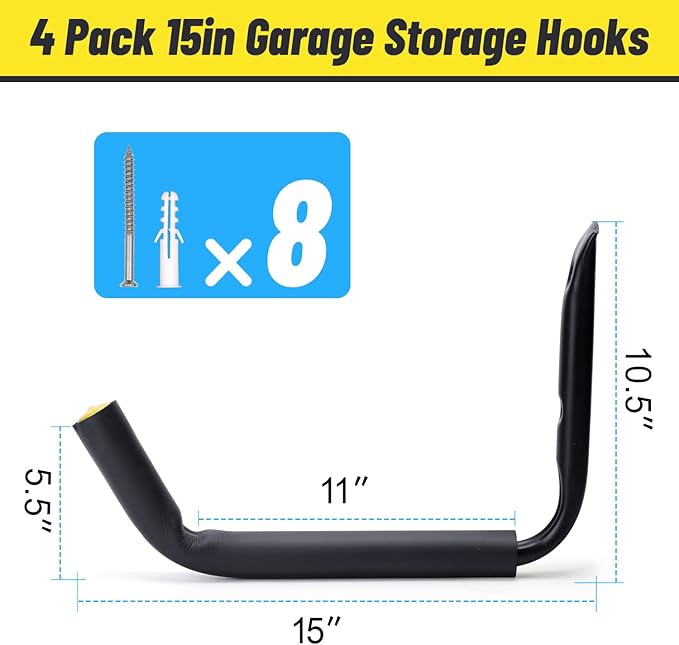 GEEDAR 100 LB Capacity (15") Heavy Duty Garage Storage Hooks (4packs) Kayak Storage Hanger Wall Mounted Rack for Hanging Ladders, Bikes