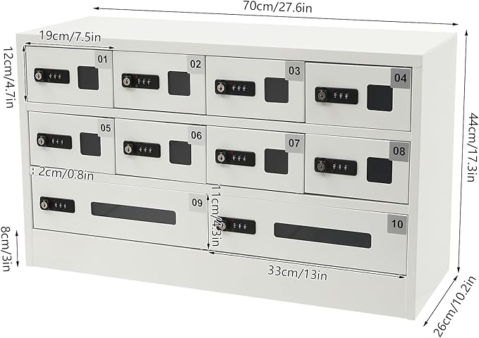 10 Slots Cell Phone Locker Charging Station & Locker Cellphone Charging Station Cabinet with Combination Lock, Tablet Computer and Mobile Phone Charging Station with 3 in 1 Charging Ports