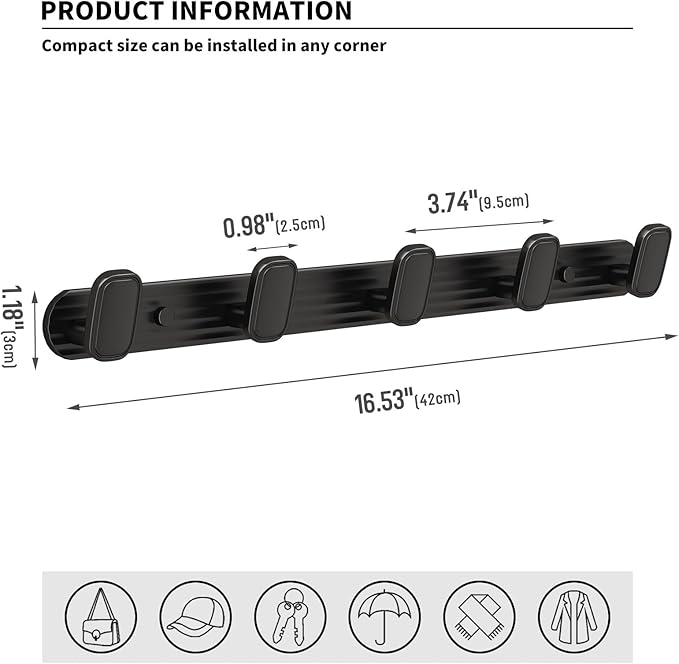Coat Rack Wall Mount Black, 5 Hooks Rack Metal Coat Hanger Wall for Hanging Hat Purse and Robes, Towel Hook for Bathrooms and Entryway (1 Pack)