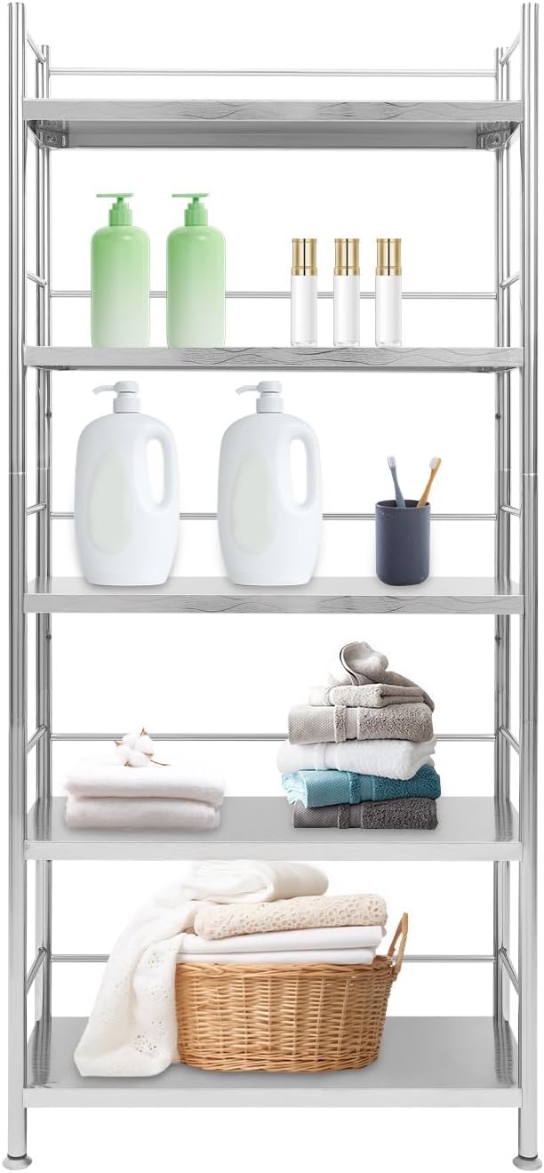 5-Tier Stainless Steel Shelf, Heavy Duty Storage Rack for Kitchen, Garage, Industrial Storage, Kitchen Shelves with Guardrails, Adjustable Height Metal Shelf