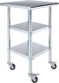 AmGood Stainless Steel Work Table with 2 Shelves and Casters | Metal Utility Table On Wheels (Stainless Steel Work Table with 2 Shelves + Casters, 24" Long x 24" Deep)