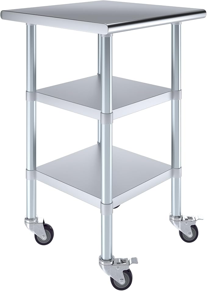 AmGood Stainless Steel Work Table with 2 Shelves and Casters | Metal Utility Table On Wheels (Stainless Steel Work Table with 2 Shelves + Casters, 24" Long x 24" Deep)
