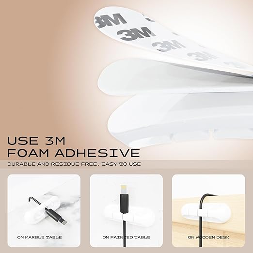 USB Cable Organizer Clips Cord Holder,6 Packs (7-Slots) White Self Adhesive Desk Cord Cable Management
