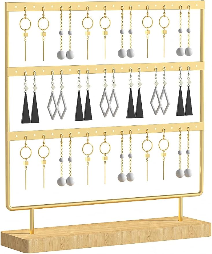 Earring Holder Organizer,Pierced Large Earrings Display Stand For Selling,Small Stud Earring Organizer Rack,Hoop Earring Storage Hanger Tree (Golden, 3 tier)