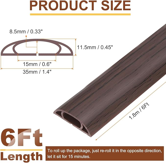 HARFINGTON 6ft Cord Cover Floor W0.6 x H0.33 Inner Channel PVC Hide Extension Cable Floor Wire Hider Wire Covers Protector for Prevent Cable Trips Cables Management, Wood Black
