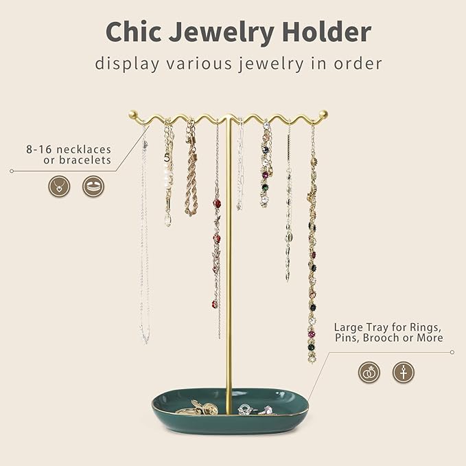 Elegant Jewelry Holder Stand: Metal Tree & Ceramic Tray Organizer for Necklaces, Rings, Earrings - Durable, Rustproof Display Holder Easy to Access Emerald Green