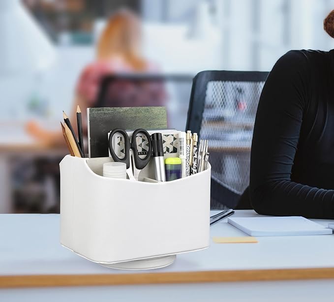 HofferRuffer Spinning Remote Control Holder, Remote Caddy, 360 Degrees Rotatable Remote Control Organizer, Desktop Organizer Caddy Holder, PU Faux Leather (White)