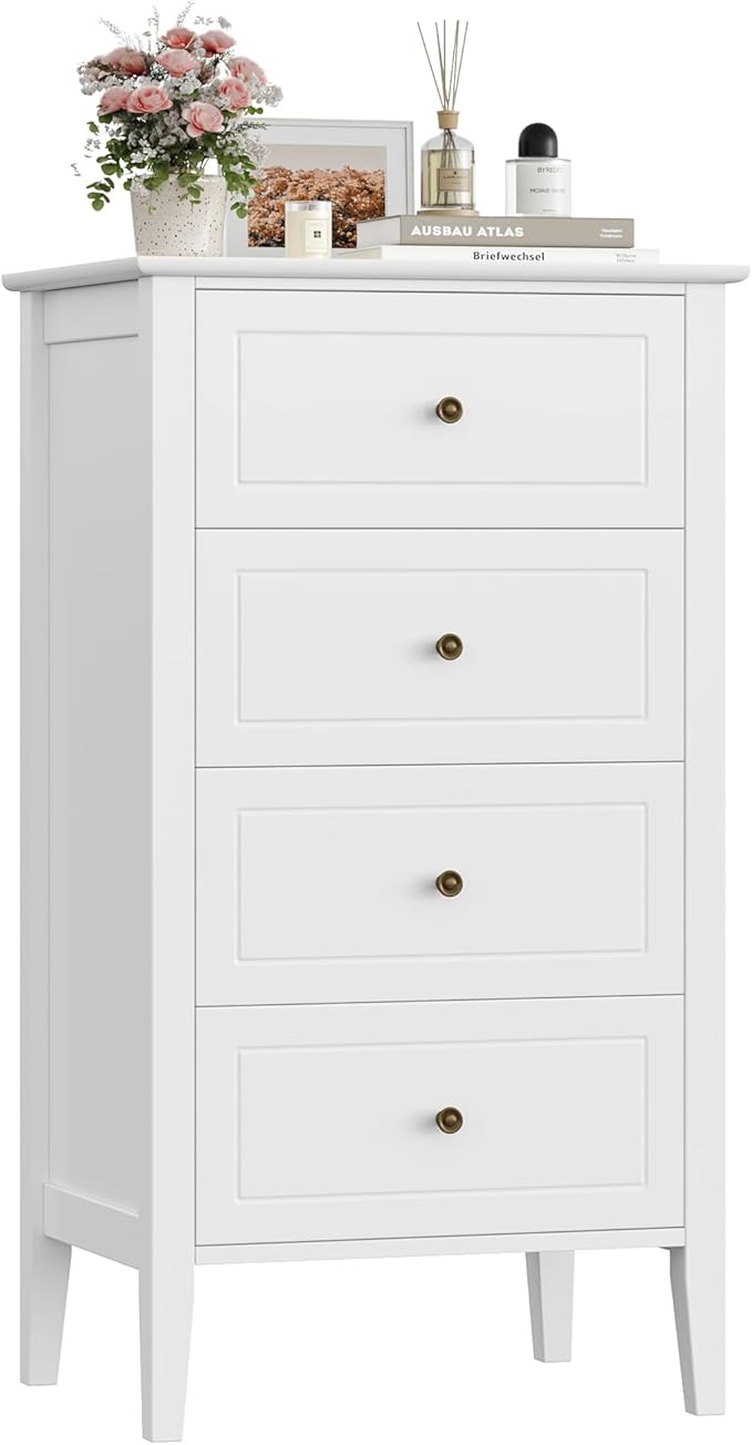 TTVIEW 4 Drawer Dresser, White Dresser Antique Chest of Drawers with Solid Frame, Tall Wood Storage Chest Cabinet for Living Room, Bathroom, Entryway, White