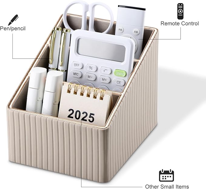 KINGFOM 3 Slot PU Leather Remote Controller Holder, Home Sundries Storage Box, TV Guide/Mail/CD Organizer/Caddy/Holder with Free Cable Desk Organizer (Dark Beige)