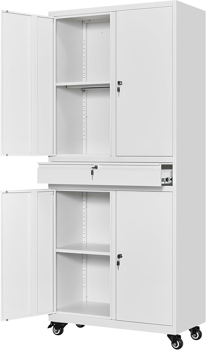 Yizosh Metal Garage Storage Cabinet with Locking Doors and Adjustable Shelves, 73" Rolling Tool Storage Cabinet with 4 Wheels and 1 Drawer for Garage,Warehouse