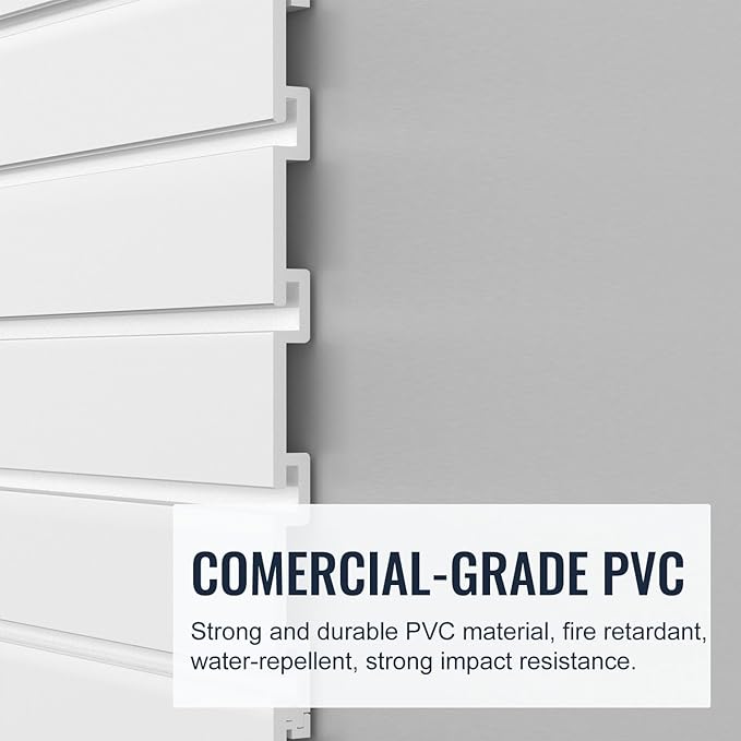 Slatwall Panel Garage Organizer PVC Slatwall Heavy Duty Wall Mounted Rack, Interlocking Slat Wall Panels for Tool Organization Peg Board(White 4 x 8 ft)