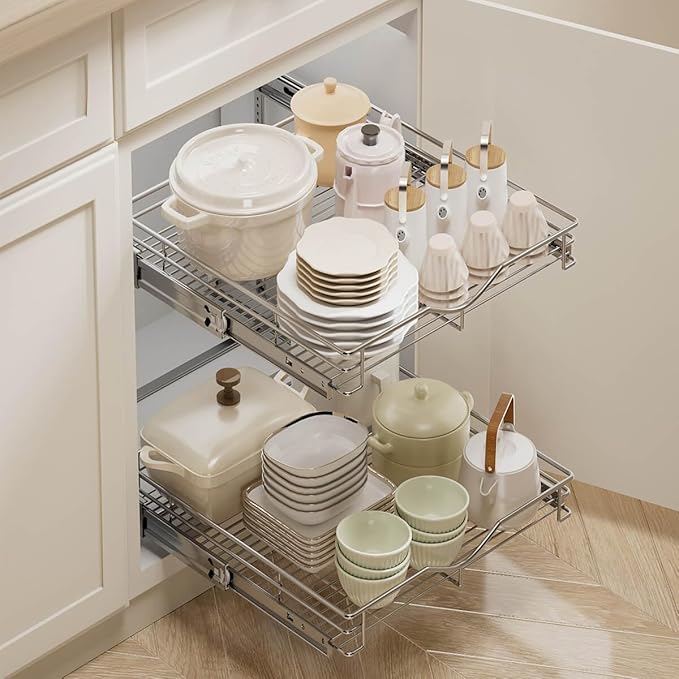 DINDON 2 Tier Pull Out Cabinet Organizer (20" W X 18" D), Double Tier Wire Basket Slide Out Shelf Storage for Kitchen Base Cabinet Organization for Kitchen, Pantry, Bathroom, Chrome