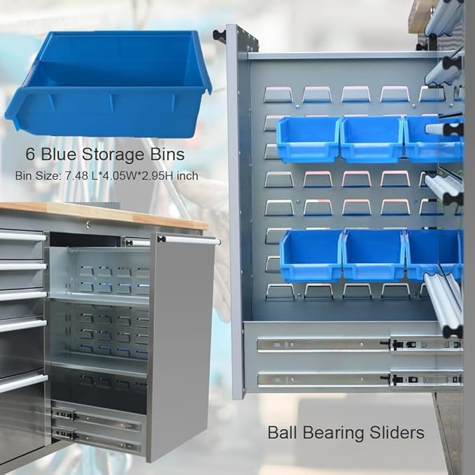 72 inch Stainless Steel Tool Chest with 11 Drawer & 3 Up Cabinet & Pegboard, Large Lockable Mobile Workbench with 6 Blue Storage Bins, Rolling Tool Cabinet for Garage, Workshop