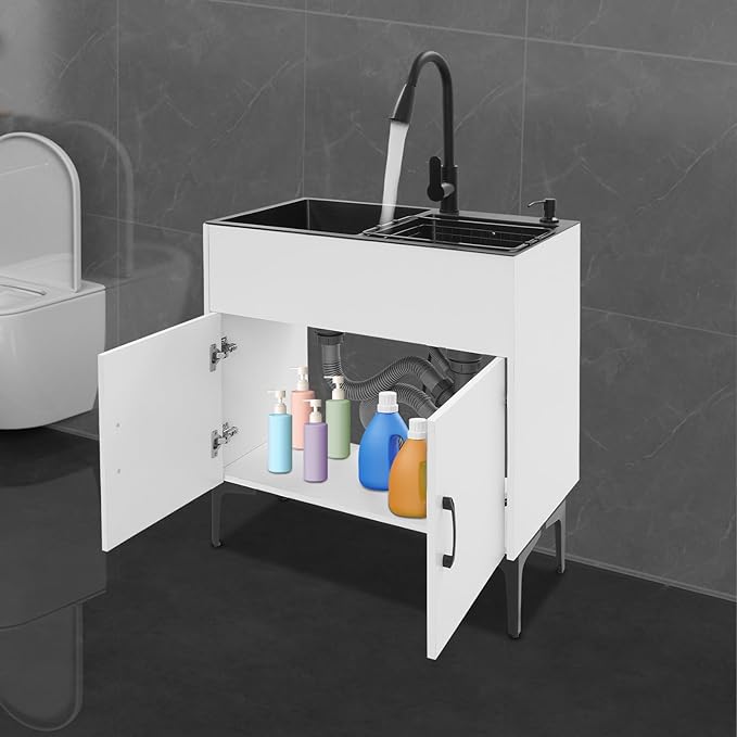 Laundry Sink Cabinet with Stainless Steel Sink and Pull-Out Faucet, Large Utility Sink Cabinet,Stainless Steel Utility Sink with Cabinet and Drawer Combo, for Laundry & Utility Room (White)