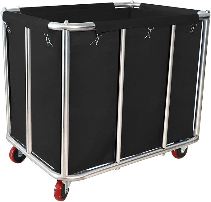 Laundry Cart Commercial Black,11.35 Bushel Large Industrial Rolling Laundry Hamper with 4 Inch Wheels,Household Heavy Duty Laundry Baskets with Stainless Steel Frame, 260 LBS Weight Capacity