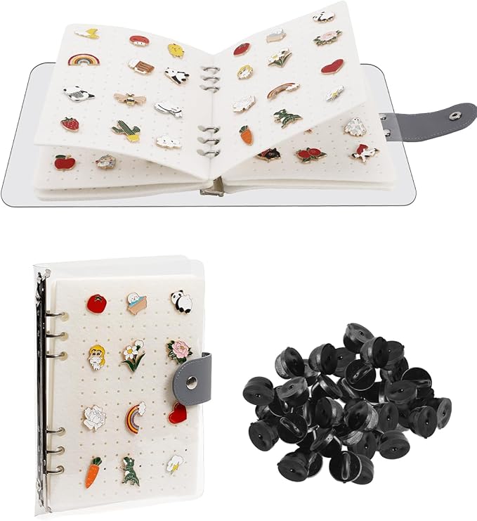 UCEC White Enamel Pin Display Book & 50 PCS Pin Backs, A5 Binder Album for Pins and Brooch, 8-Page Button Pinfolio Trading Organizer with Clear PVC Cover, Portable Enamel Pin Collection Storage Book