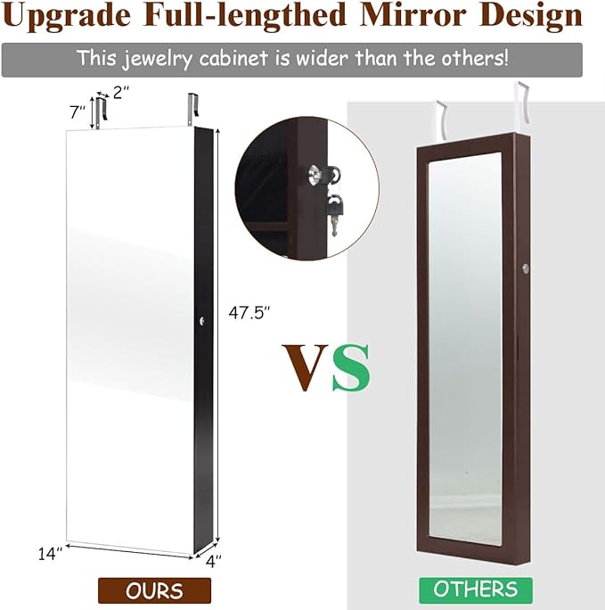 Giantex Wall Door Mounted Jewelry Armoire Cabinet with 47.5" H Full Length Mirror, 2 LEDs Lockable Jewelry Organizer Box with Bracelet Rod, 2 Drawers, Large Storage Capacity (Espresso)