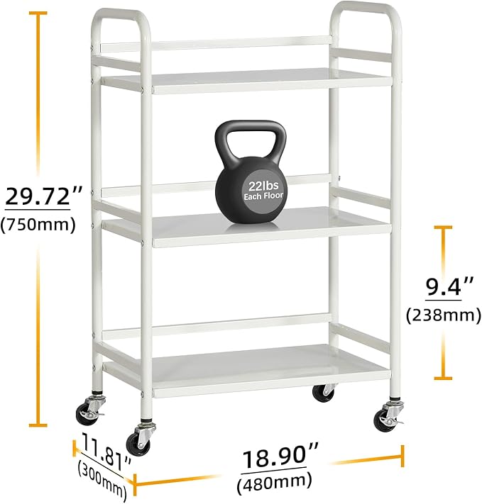 HDANI 3 Tier Rolling Cart Shelves,Heavy Duty Multifunctional Metal Frame-Supports 22 Lbs Per Tier,Rolling Cart with 2 Lockable Wheels for Home, Office,Kitchen,Bathroom,Bedroom,White