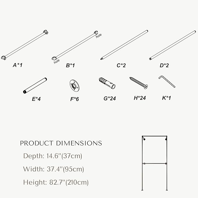 Industrial Pipe Clothing Rack, Heavy Duty Wall Mounted Clothes Rack,Retail Display Hanging Garment Rod for Laundry Room, Closet Storage - 14.6x37.4x82.7 Inches, Model K01
