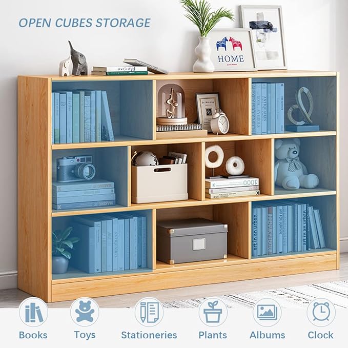 IOTXY Open Shelf Low Bookcase - Wooden 3-Tier Floor Standing Display Cabinet Organizer with Base, 10 Cubes Short Horizontal Bookshelf in Tiffany-Green