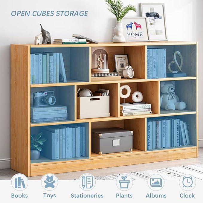 IOTXY Open Shelf Low Bookcase - Wooden 3-Tier Floor Standing Display Cabinet Organizer with Base, 7 Cubes Short Horizontal Bookshelf in Warm White