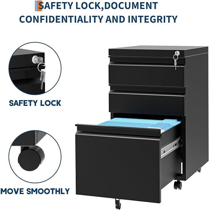 3 Drawer File Cabinet with Lock, Under Desk Metal Mobile Filing Cabinet with Wheels, Small Storage Cabinet for Home Office, Organizer for Letter/Legal/A4 Files, Rolling File Cabinet