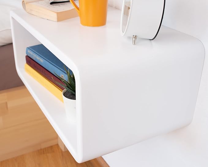 Floating Nightstand Wooden, Bedside Table, Nightstand Shelf, Handmade, Wall Mounted Bedside Shelf, Minimalist and Unique Style (White)