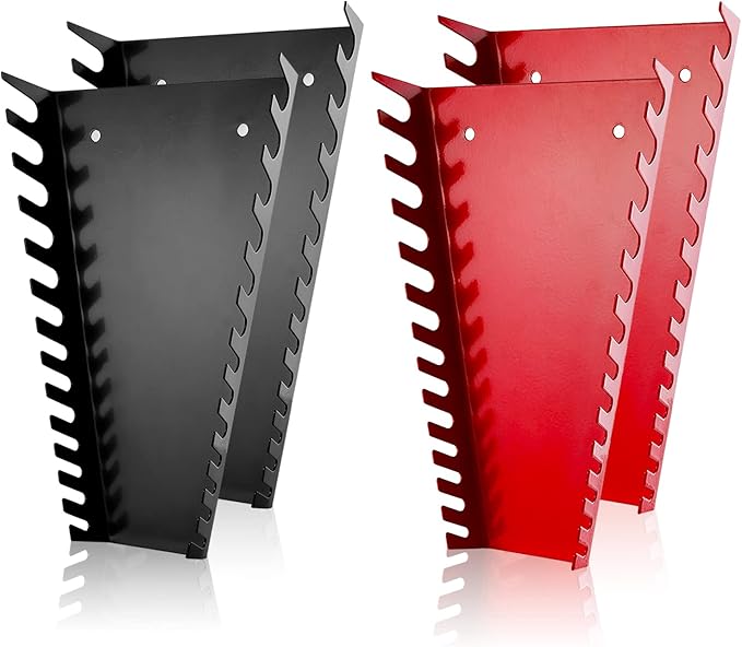 ALOANES 52-Slot Metal Wrench Organizer, Heavy Duty Wrench Organizer Tray for Tool Box, Fit SAE & Metric Wrench Storage, 4 Pack Wrench Holders(Red&Black)