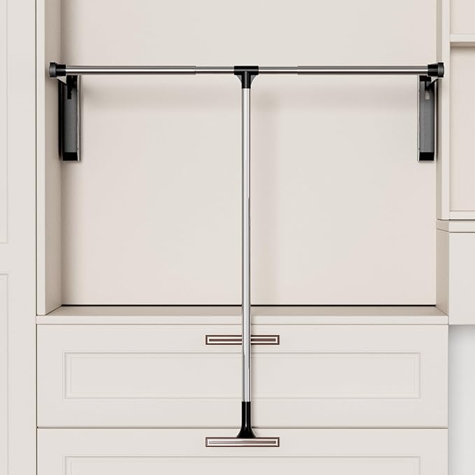 Pull Down Closet Rod, 33 lbs Load Capacity Stainless Steel Clothes Hanging Rod, Adjustable 33-45 Inch Soft-Close Wardrobe Lift Rail Organizer for Bedroom Laundry Room