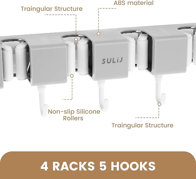 2Pcs Broom Holder Wall Mount, No-Drilling Self-Adhesive Mop and Broom Storage Rack (4 Racks with 5 Hooks),Wall-Mounted Broom Hanger for Bathroom, Kitchen, Closet, Garage, Grey