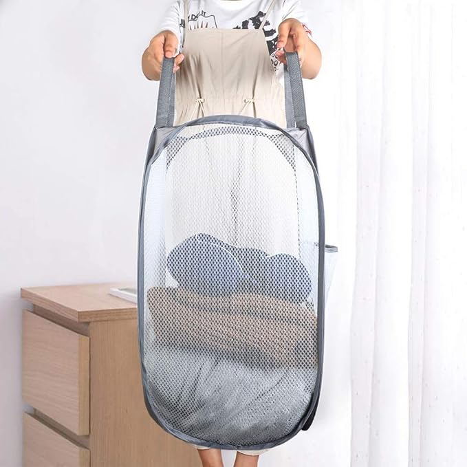 Larpur Pack of 3 Pop up Laundry Hampers, Collapsible Laundry Baskets, Portable Mesh Clothes Hampers for Kids Room, College Dorm, Bathroom, Foldable Hamper with Carry Handles, Gray