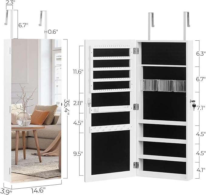 Jewelry Armoire Cabinet with Full Length Mirror,Mirror with Jewelry Storage Wall/Door Mounted, Lockable Jewelry Armoire Organizer,White